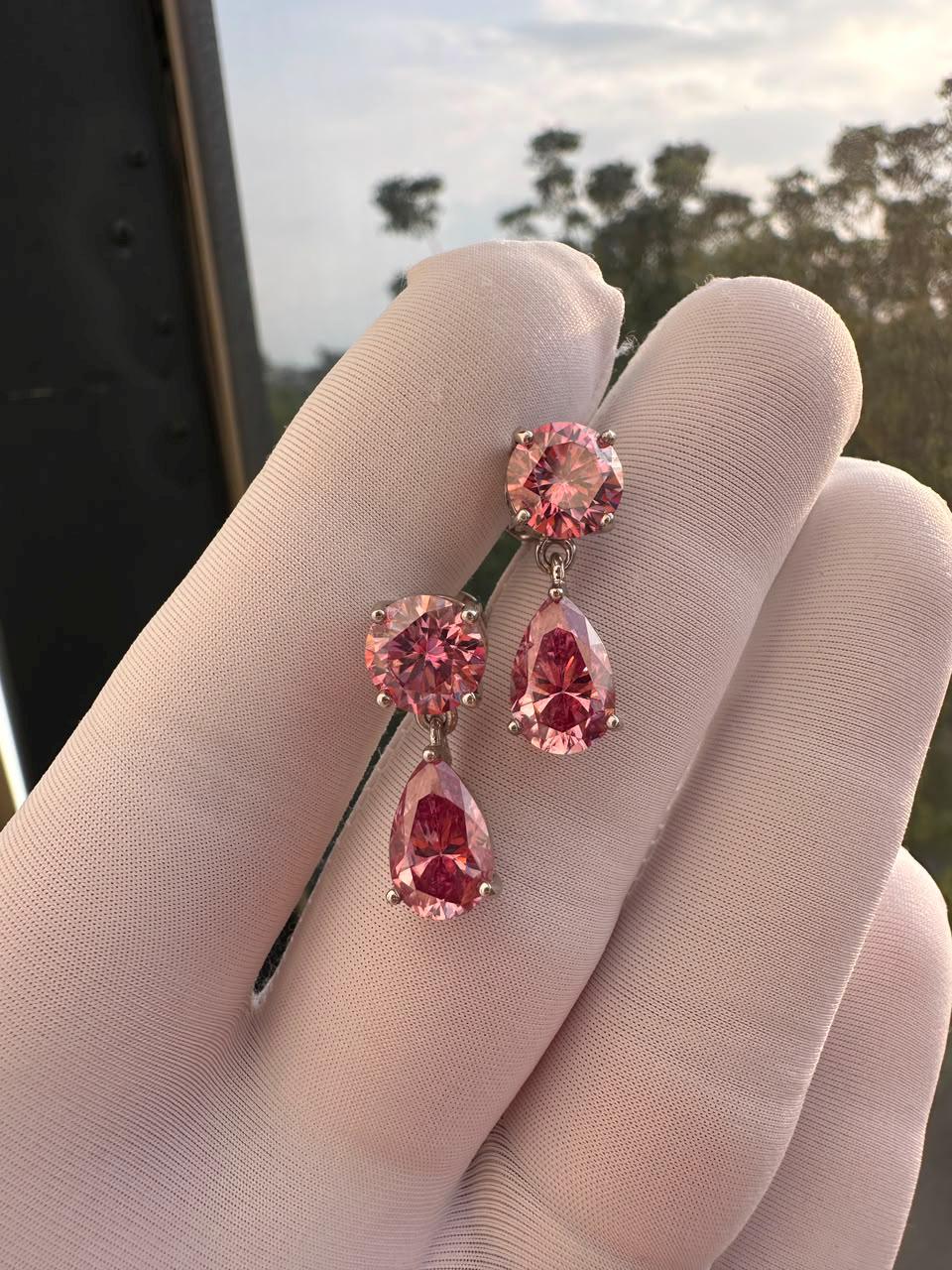 Pink Moissanite Drop Earrings | 14K White Gold Studs | Christmas Gift for Her