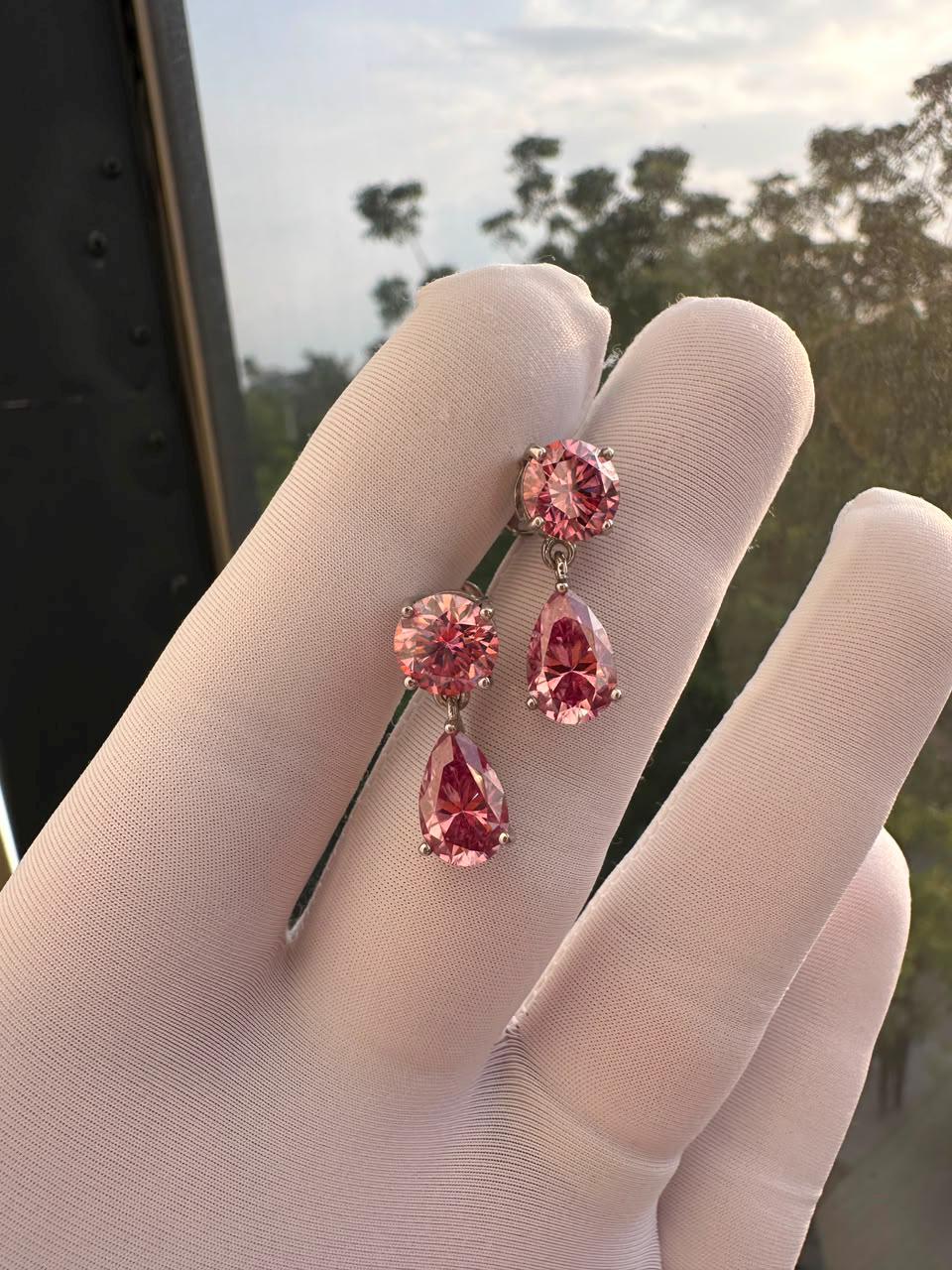Pink Moissanite Drop Earrings | 14K White Gold Studs | Christmas Gift for Her