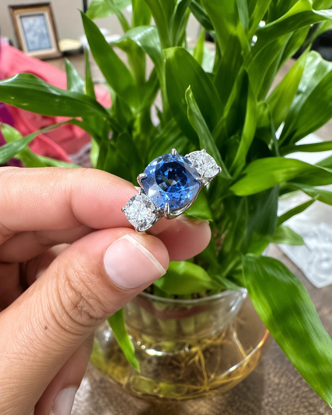 10 Ct Blue Cushion Moissanite Three-Stone Engagement Ring | 14k Gold | Modern Wedding Ring