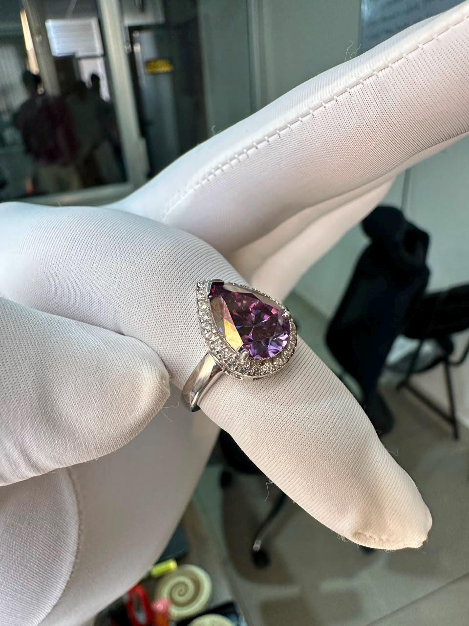 Purple Pear Cut Moissanite Engagement Ring | 14K White Gold Halo Ring | Christmas Gift