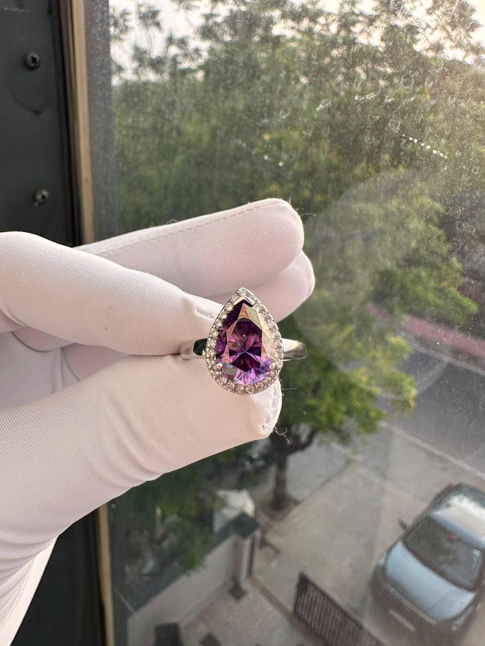 Purple Pear Cut Moissanite Engagement Ring | 14K White Gold Halo Ring | Christmas Gift