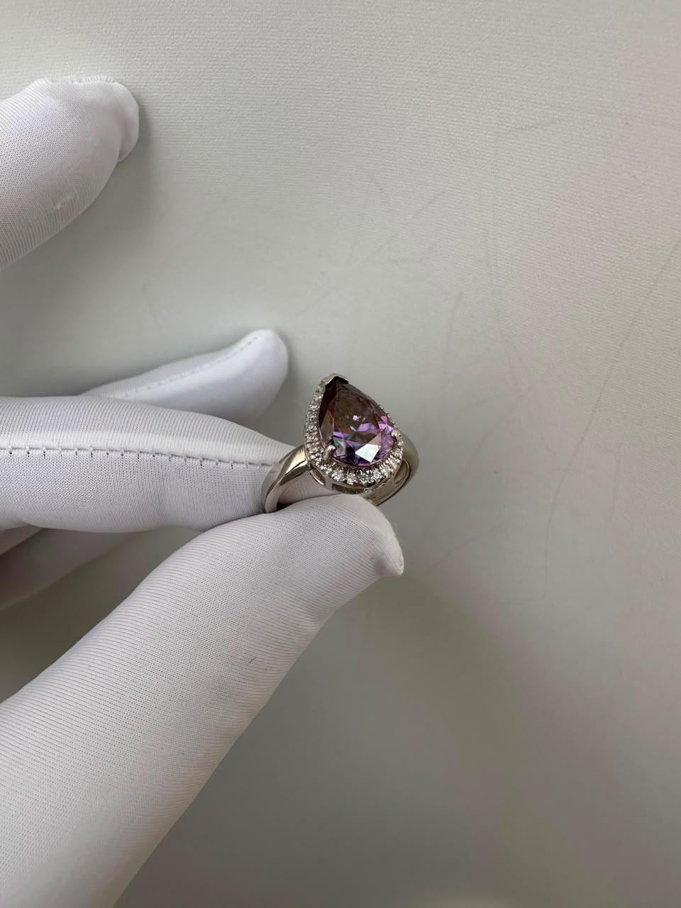 Purple Pear Cut Moissanite Engagement Ring | 14K White Gold Halo Ring | Christmas Gift
