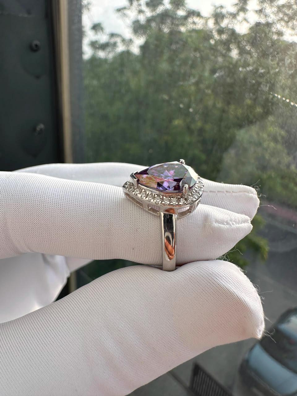 Purple Pear Cut Moissanite Engagement Ring | 14K White Gold Halo Ring | Christmas Gift