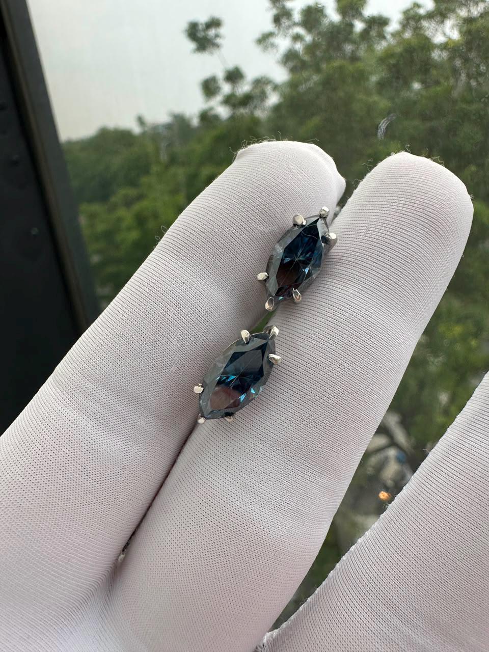 Blue Marquise Moissanite Stud Earrings | 14K White Gold, Statement Jewelry for Gift