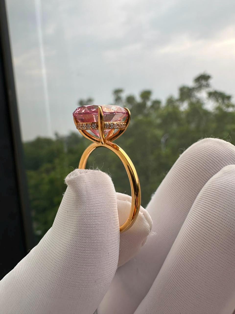 Pink Pear Cut Moissanite Engagement Ring | 14K Yellow Gold Hidden Halo 6 Ct Gemstone