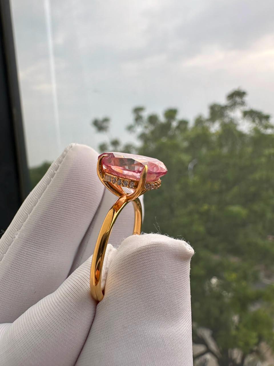 Pink Pear Cut Moissanite Engagement Ring | 14K Yellow Gold Hidden Halo 6 Ct Gemstone
