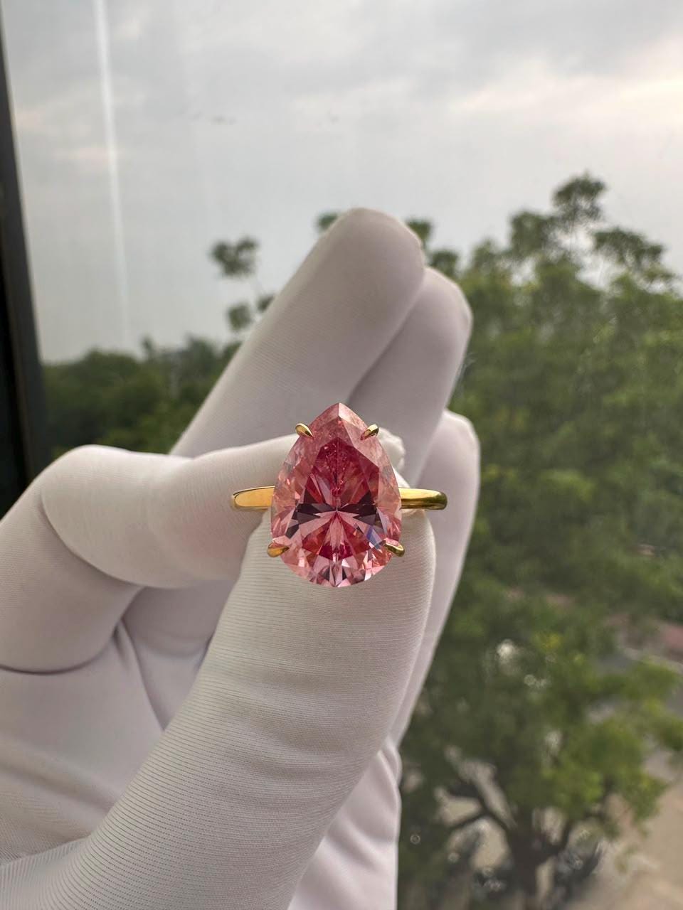 Pink Pear Cut Moissanite Engagement Ring | 14K Yellow Gold Hidden Halo 6 Ct Gemstone