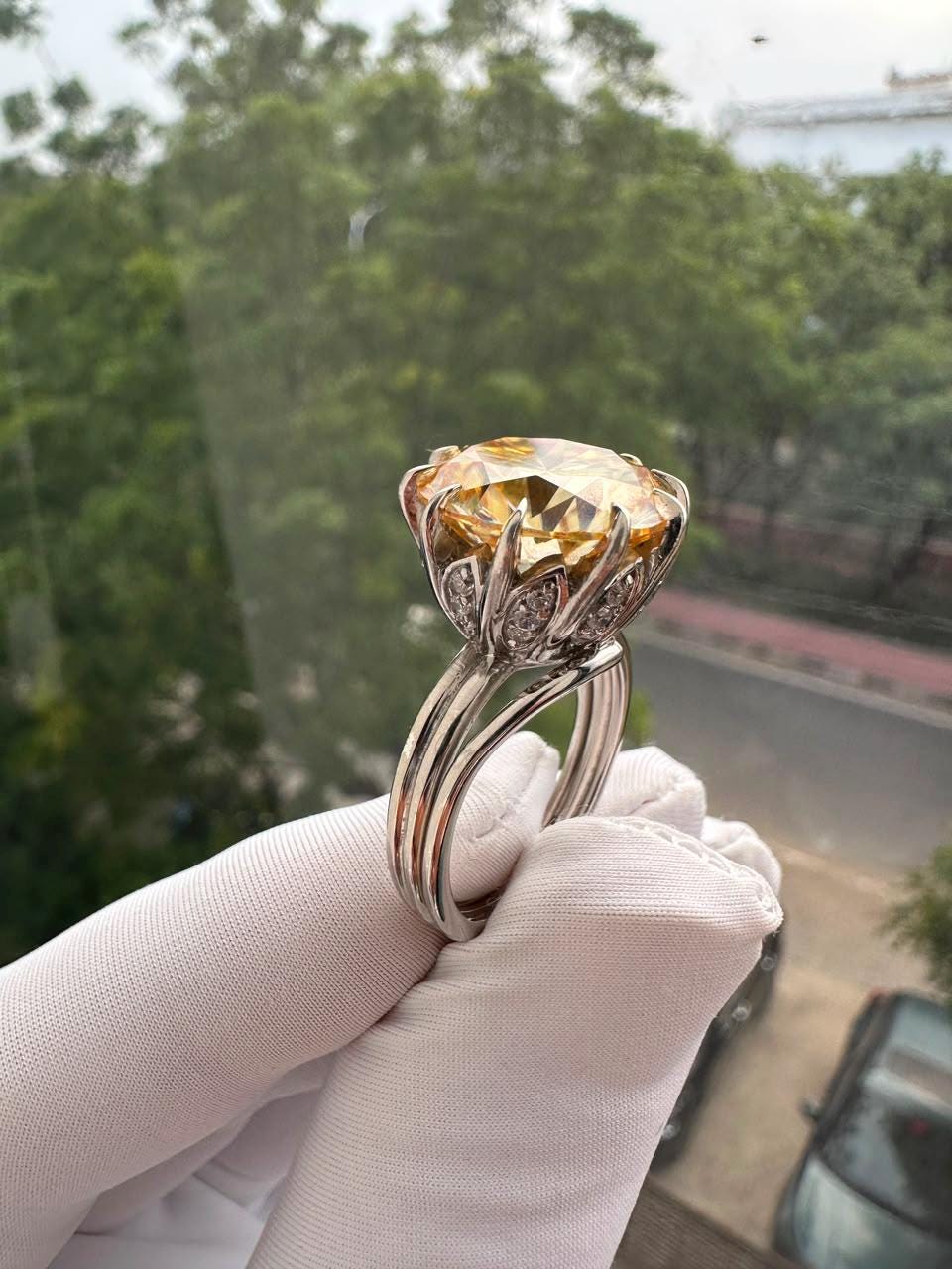 11 Ct Yellow Moissanite Engagement Ring | 14K White Gold, Nail Prong Setting