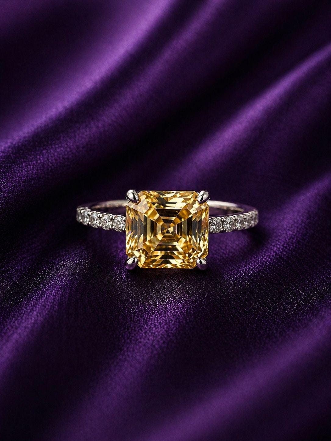 3 Carat Yellow Moissanite Asscher Cut Engagement Ring | 14K White Gold, Art Deco Style