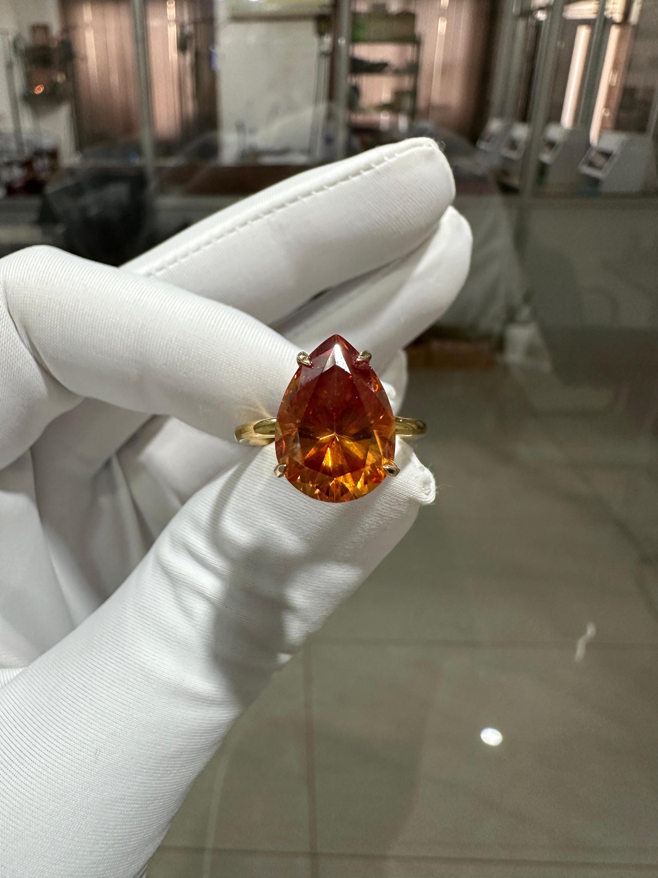 Ceylon Orange Pear Cut Moissanite Ring | 6 Ct Orange Gemstone Ring | 14K Yellow Gold Hidden Halo Ring | Unique Bridal Promise Ring