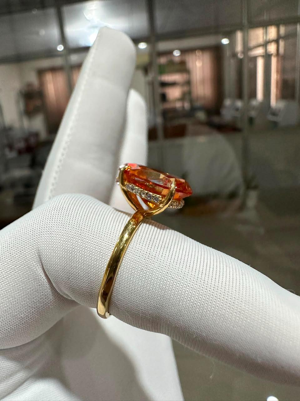 Ceylon Orange Pear Cut Moissanite Ring | 6 Ct Orange Gemstone Ring | 14K Yellow Gold Hidden Halo Ring | Unique Bridal Promise Ring