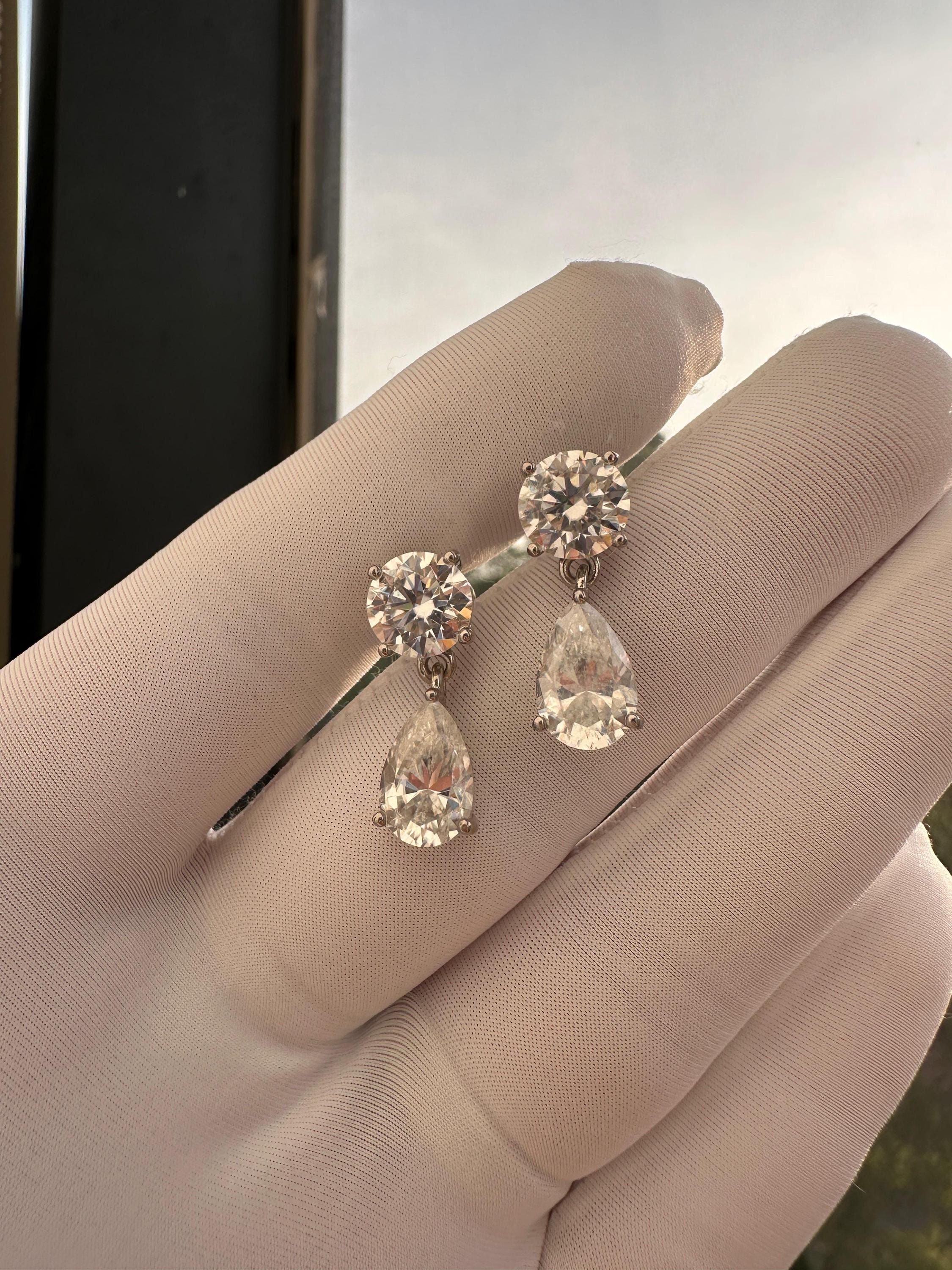 Pear & Round Moissanite Drop Earrings | 14K White Gold Stud Earrings | Christmas Gift for Her