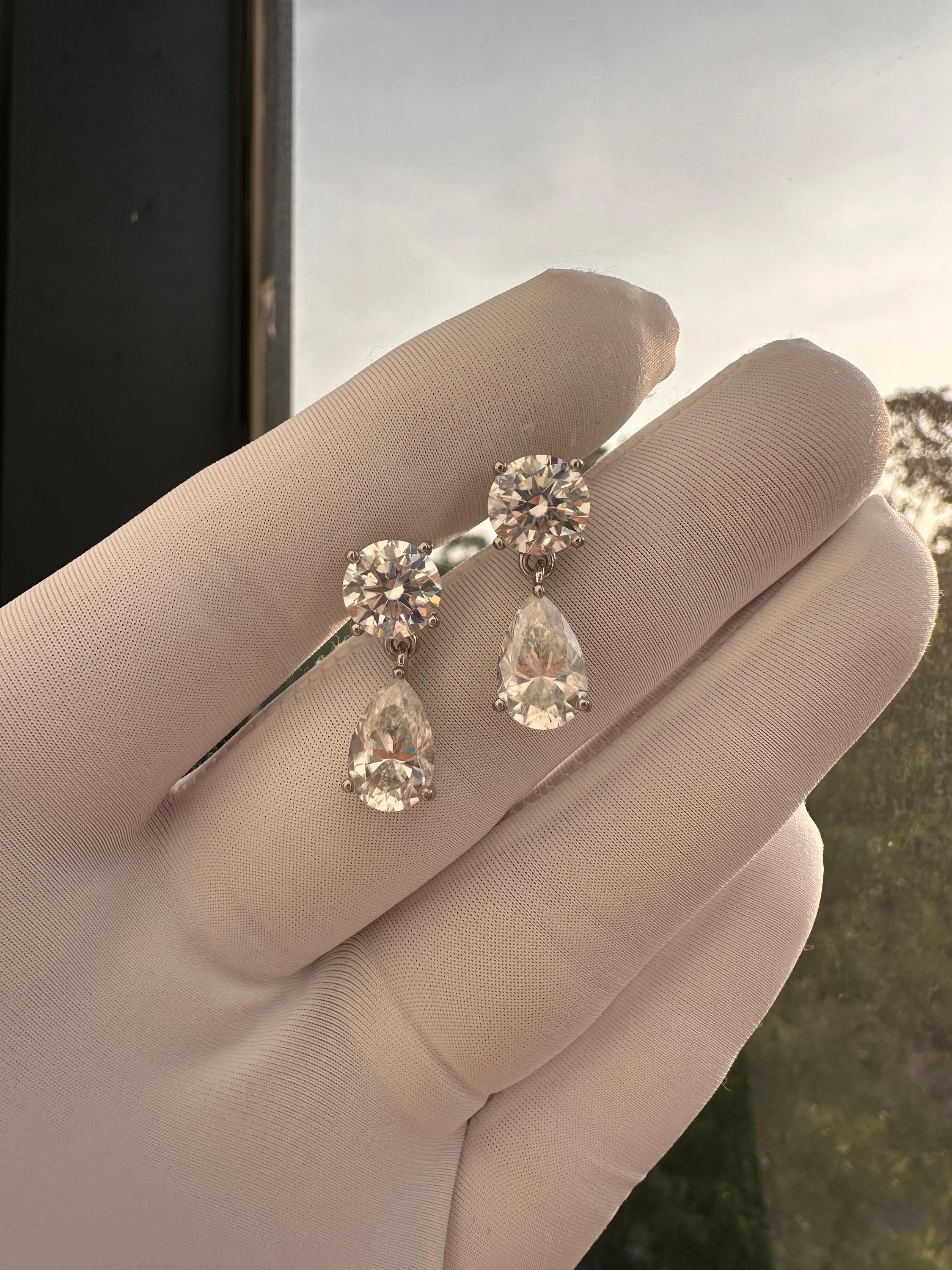 Pear & Round Moissanite Drop Earrings | 14K White Gold Stud Earrings | Christmas Gift for Her