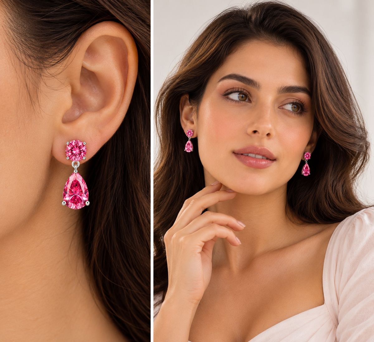 Pink Moissanite Dangle Drop Earrings, Pear & Round Cut 14K White Gold Studs, Anniversary Gift for Her