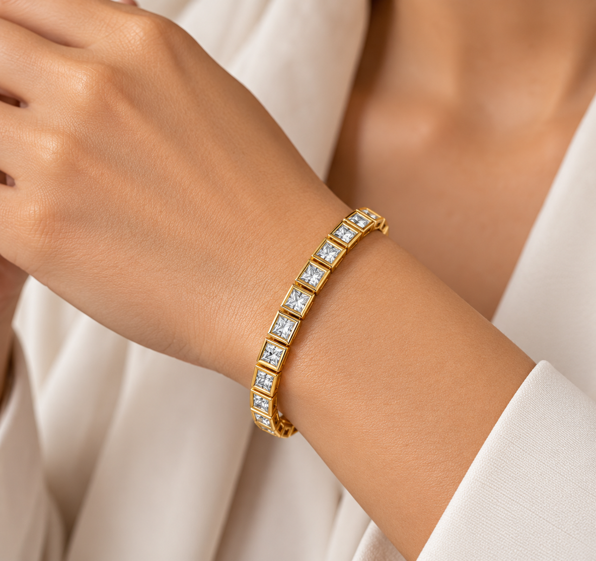 3mm Princess cut Moissanite Tennis Bracelet 14k Gold Vermeil Finish Bezel Set