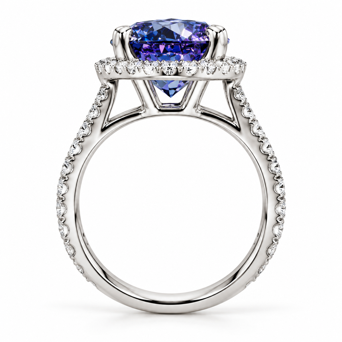 4 CT Blue Alexandrite Moissanite Engagement Ring | 14K White Gold Halo, Pave Band