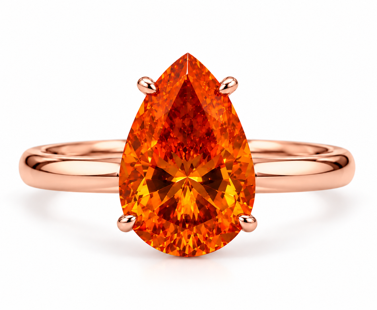 Ceylon Orange Pear Cut Moissanite Ring | 6 Ct Orange Gemstone Ring | 14K Yellow Gold Hidden Halo Ring | Unique Bridal Promise Ring