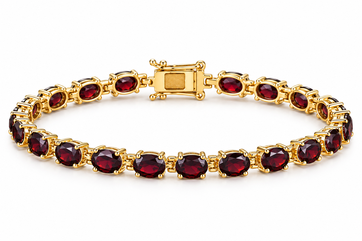 Natural Red Garnet Oval Tennis Bracelet 14K Gold Vermeil Finish January Birthstone