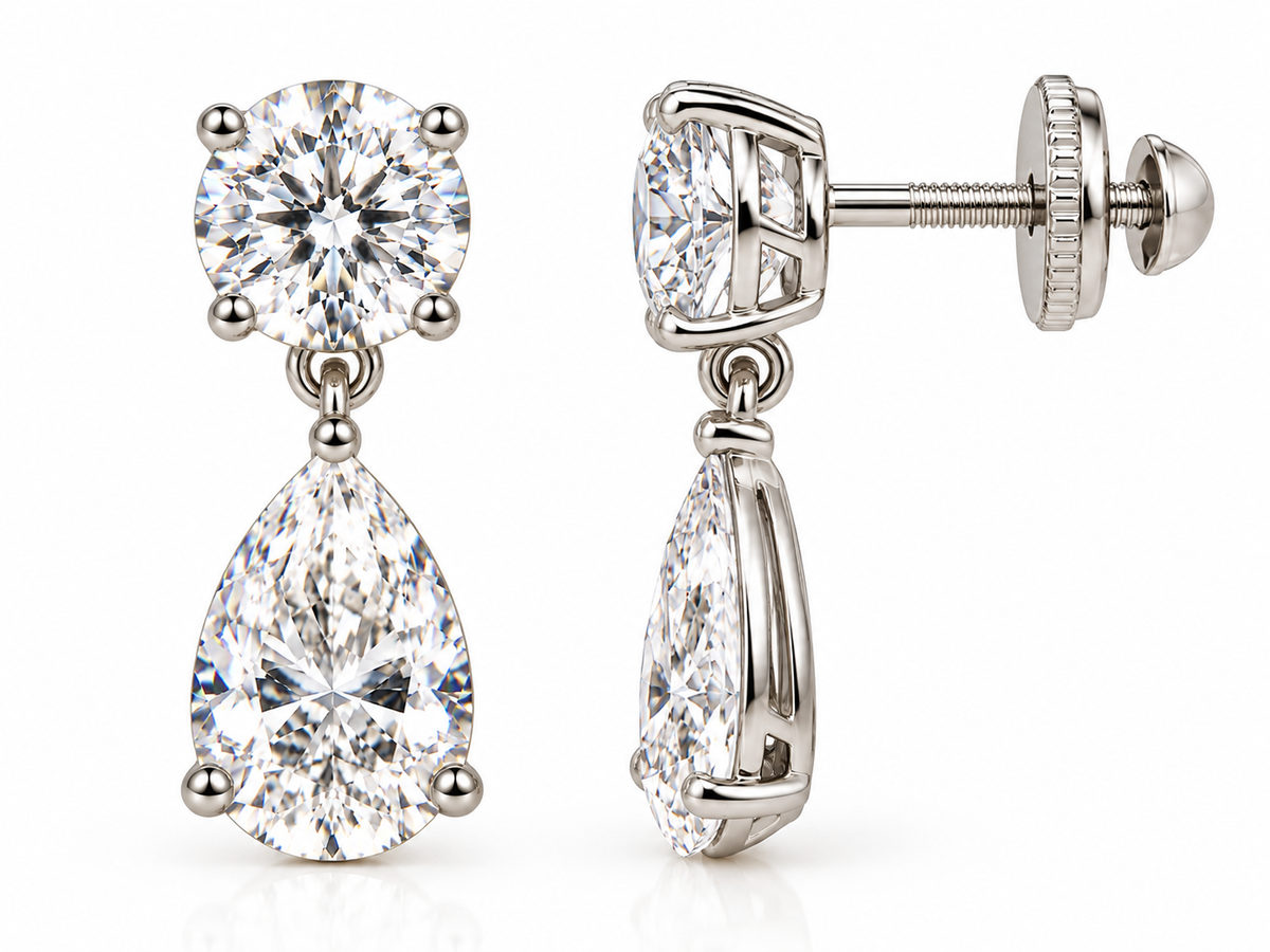 Pear & Round Moissanite Drop Earrings | 14K White Gold Stud Earrings | Christmas Gift for Her