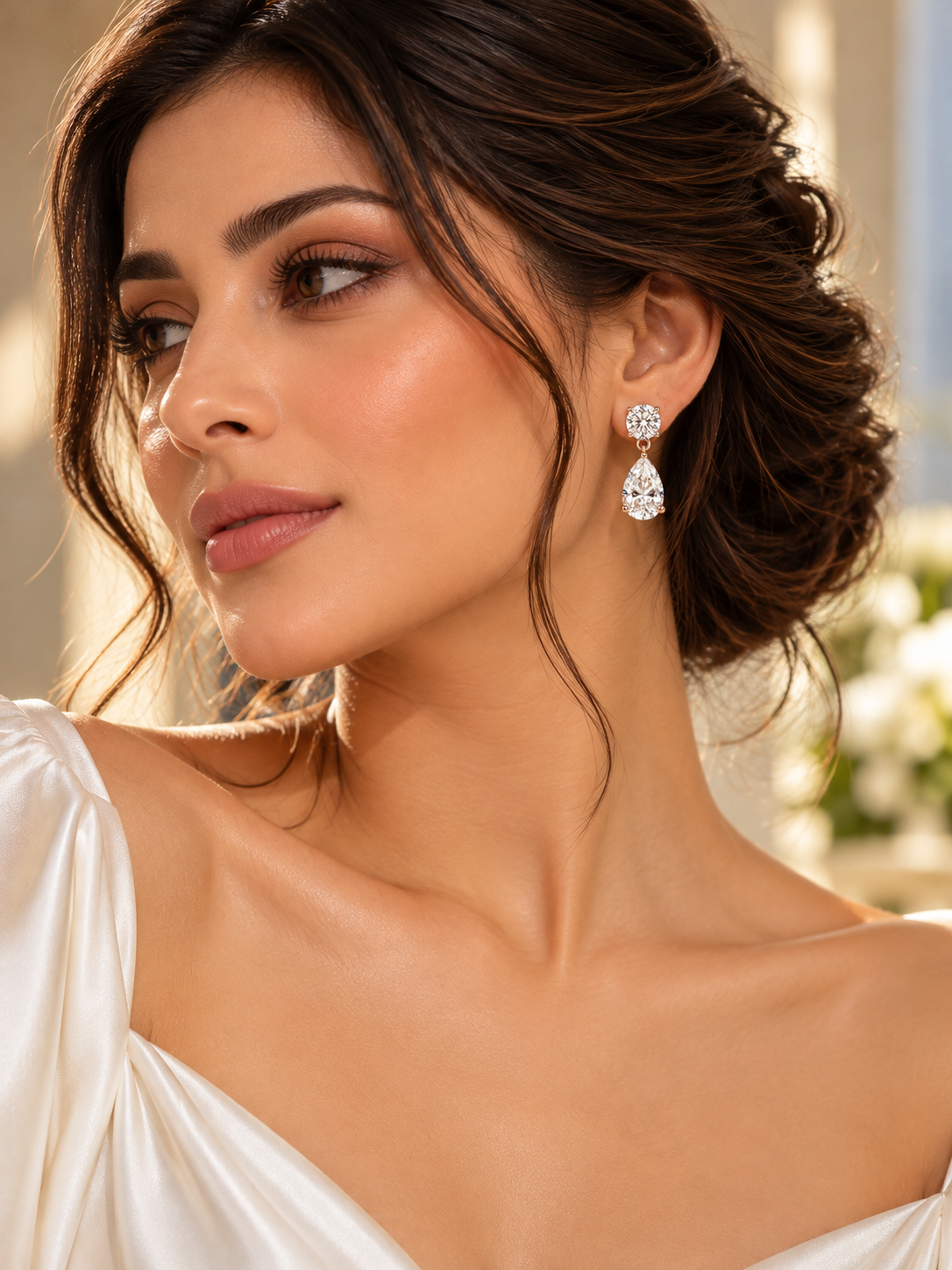 Pear & Round Moissanite Drop Earrings | 14K White Gold Stud Earrings | Christmas Gift for Her