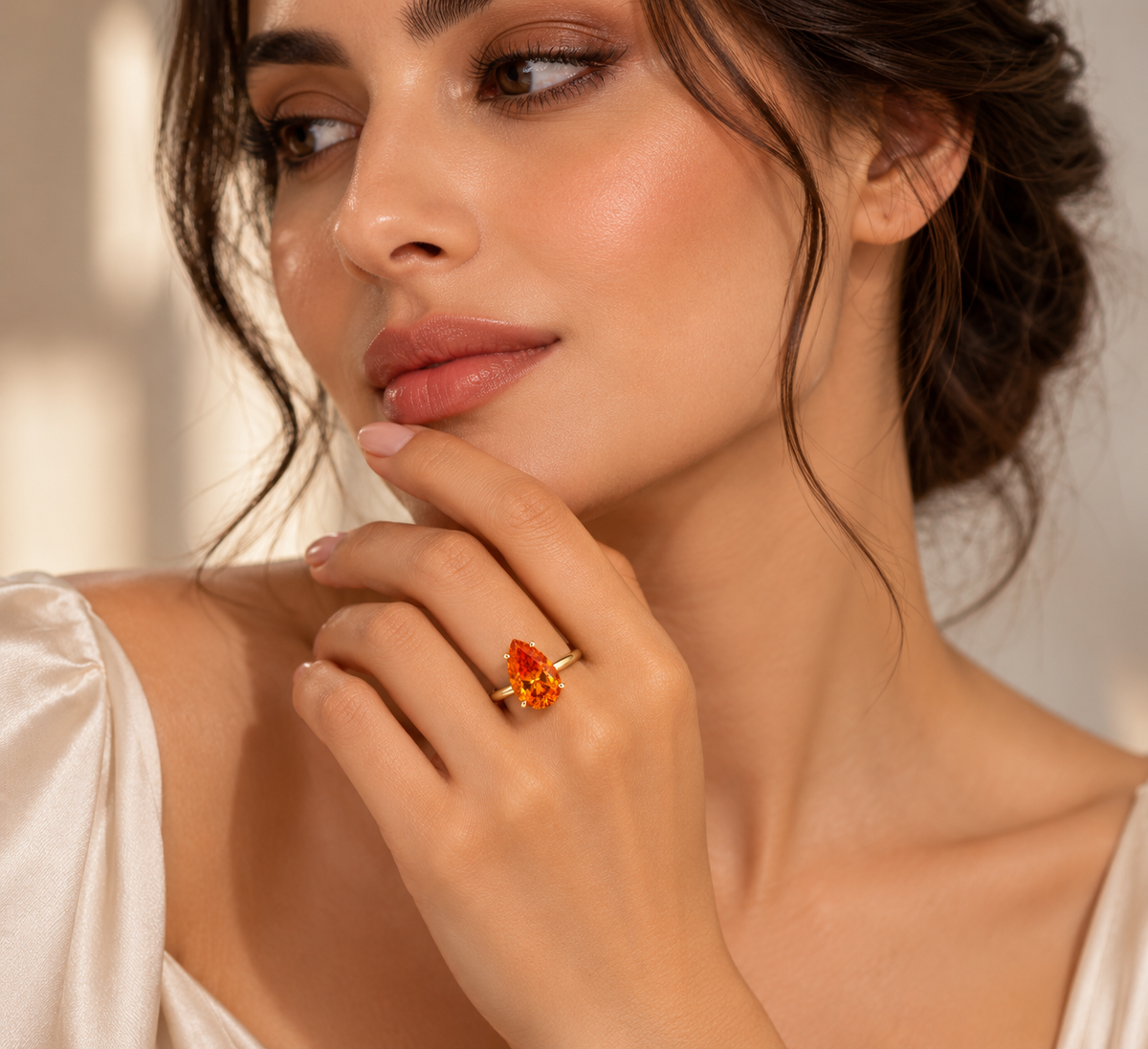 Ceylon Orange Pear Cut Moissanite Ring | 6 Ct Orange Gemstone Ring | 14K Yellow Gold Hidden Halo Ring | Unique Bridal Promise Ring