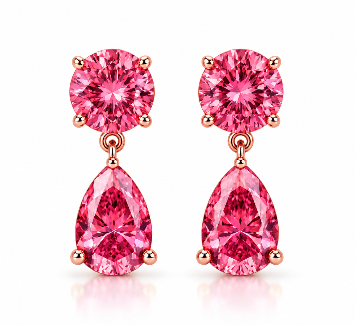 Pink Moissanite Dangle Drop Earrings, Pear & Round Cut 14K White Gold Studs, Anniversary Gift for Her