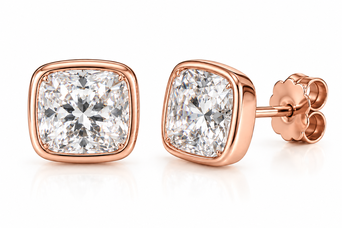 14k Gold Cushion Moissanite Stud Earrings Bezel Set, Birthday Gift for her