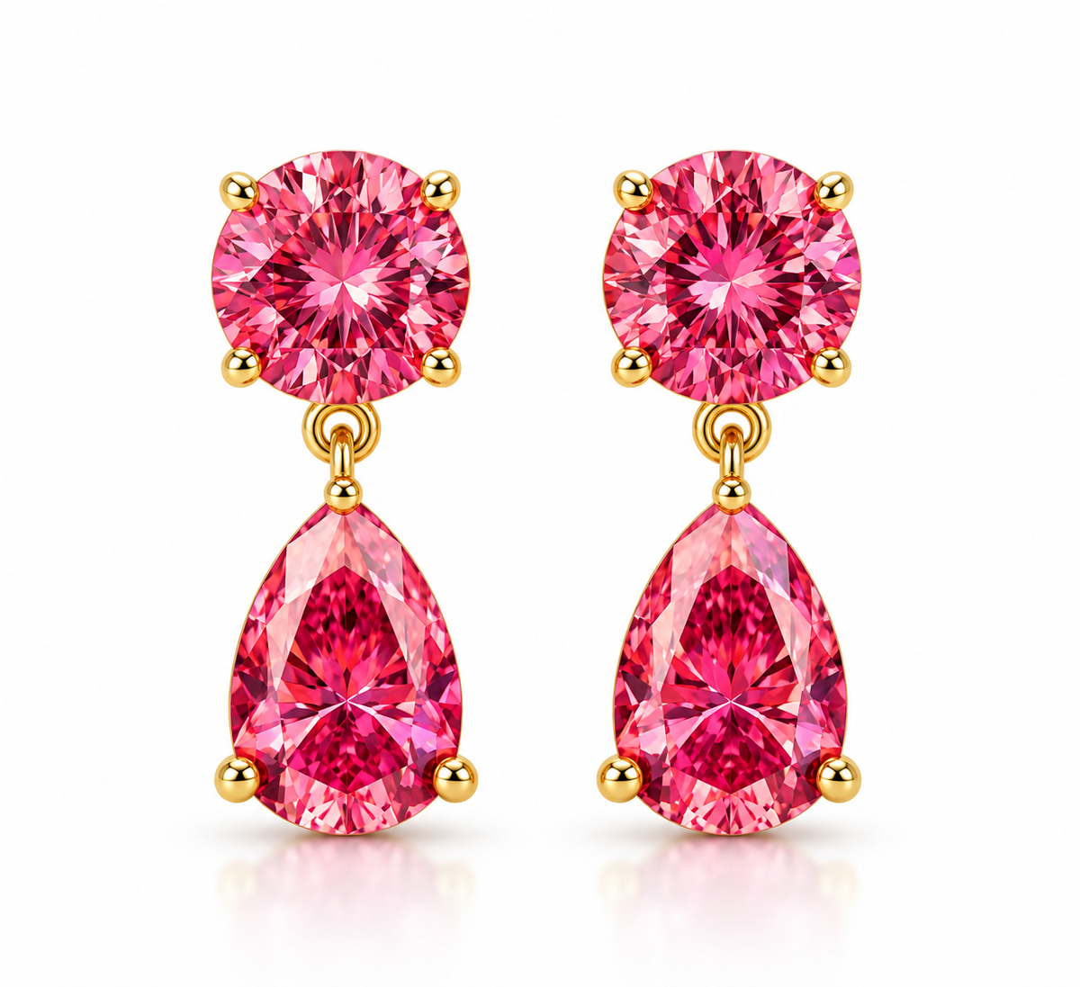 Pink Moissanite Dangle Drop Earrings, Pear & Round Cut 14K White Gold Studs, Anniversary Gift for Her
