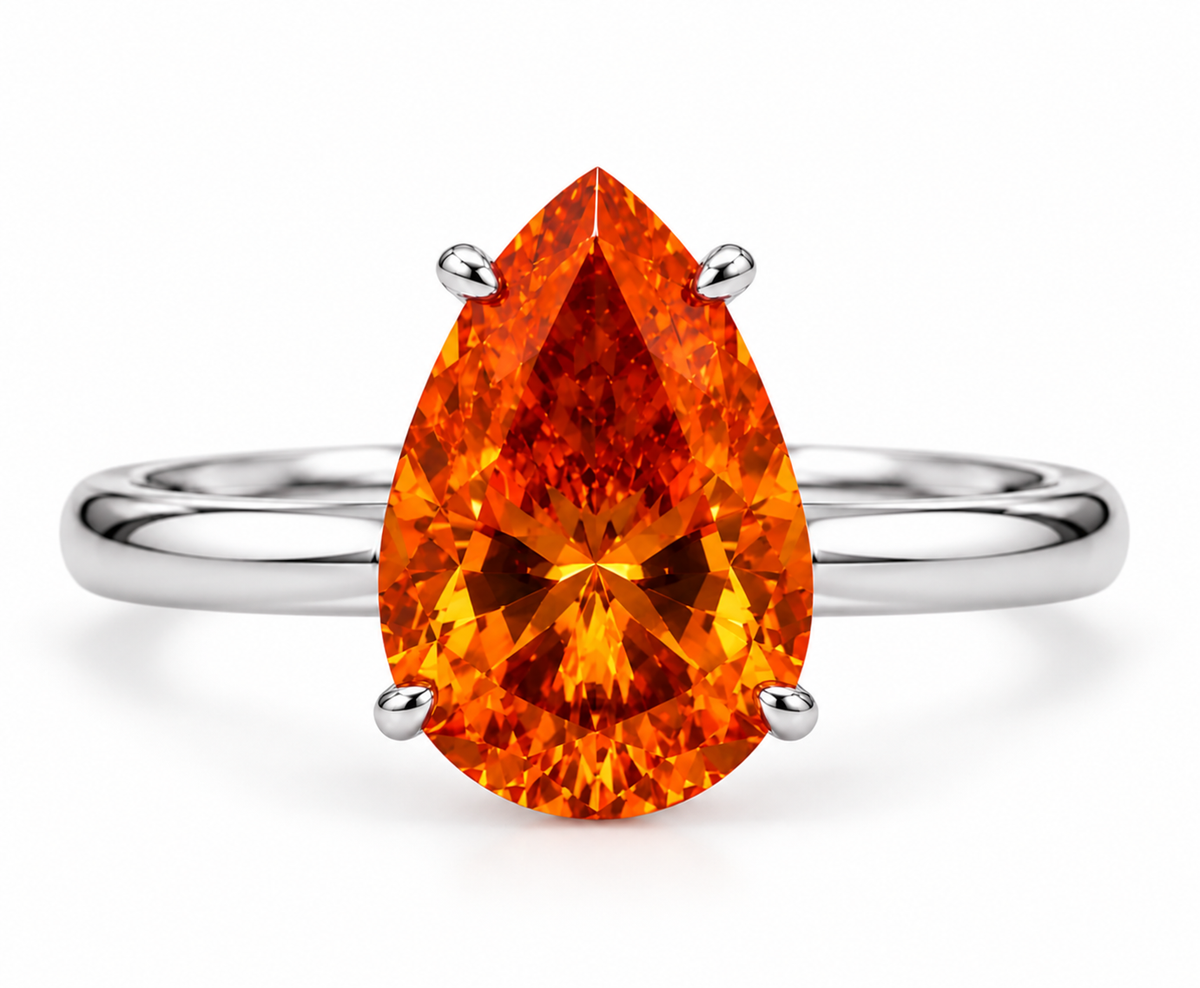 Ceylon Orange Pear Cut Moissanite Ring | 6 Ct Orange Gemstone Ring | 14K Yellow Gold Hidden Halo Ring | Unique Bridal Promise Ring