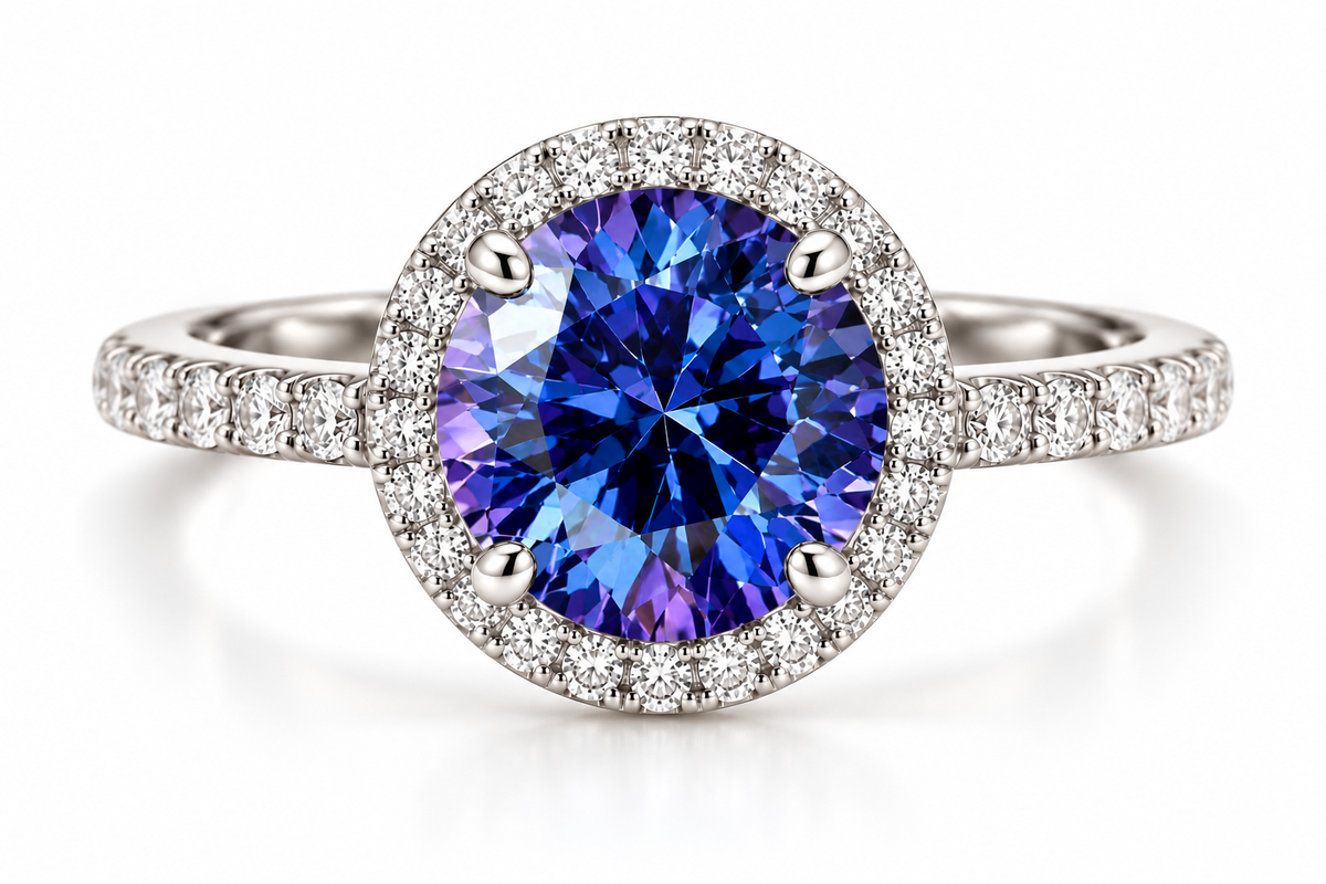 4 CT Blue Alexandrite Moissanite Engagement Ring | 14K White Gold Halo, Pave Band