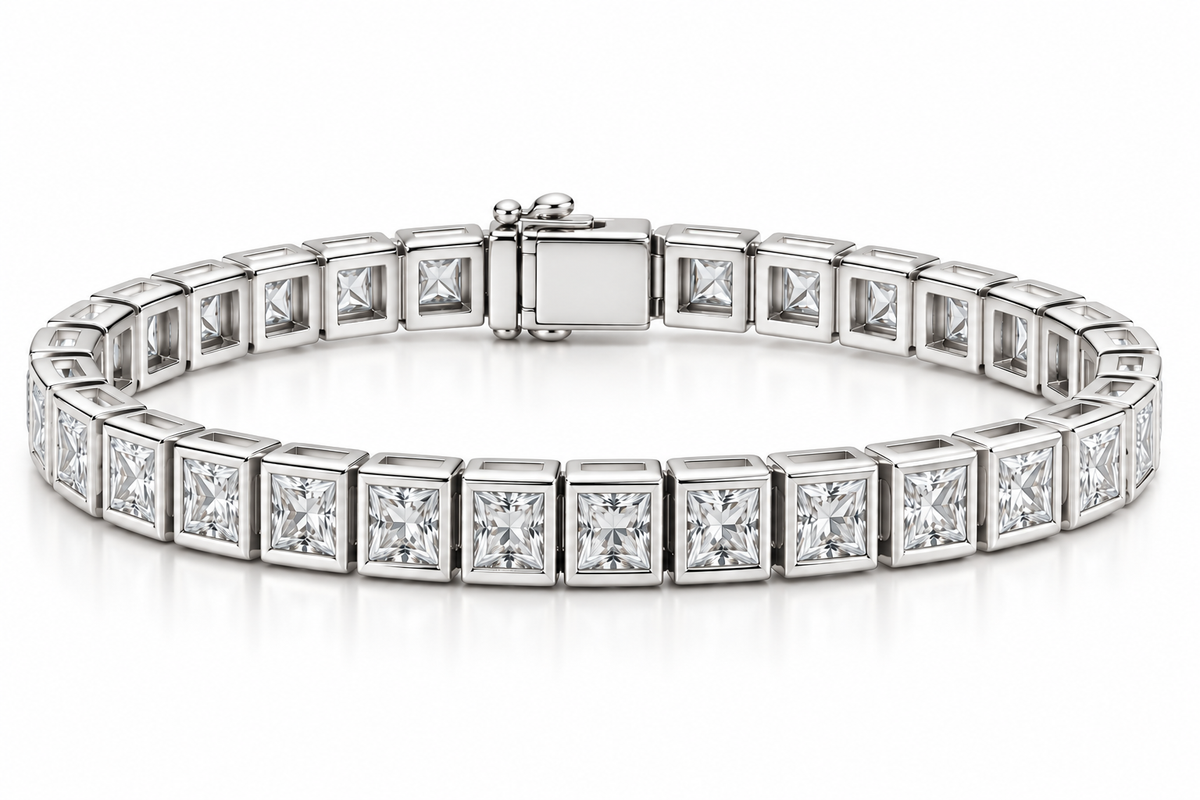 3mm Princess cut Moissanite Tennis Bracelet 14k Gold Vermeil Finish Bezel Set