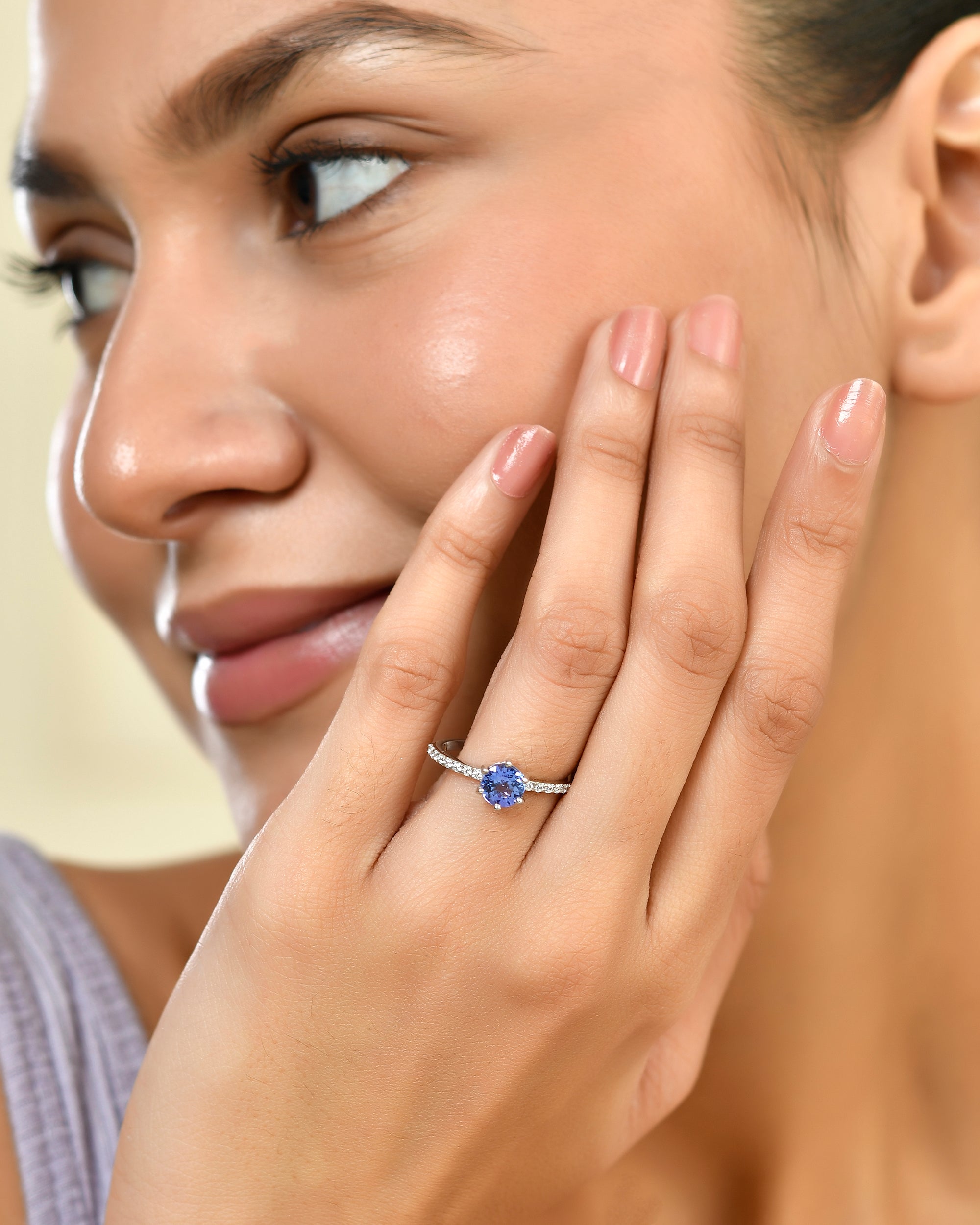 Six Prong-Set Tanzanite Ring with Moissanite Accents