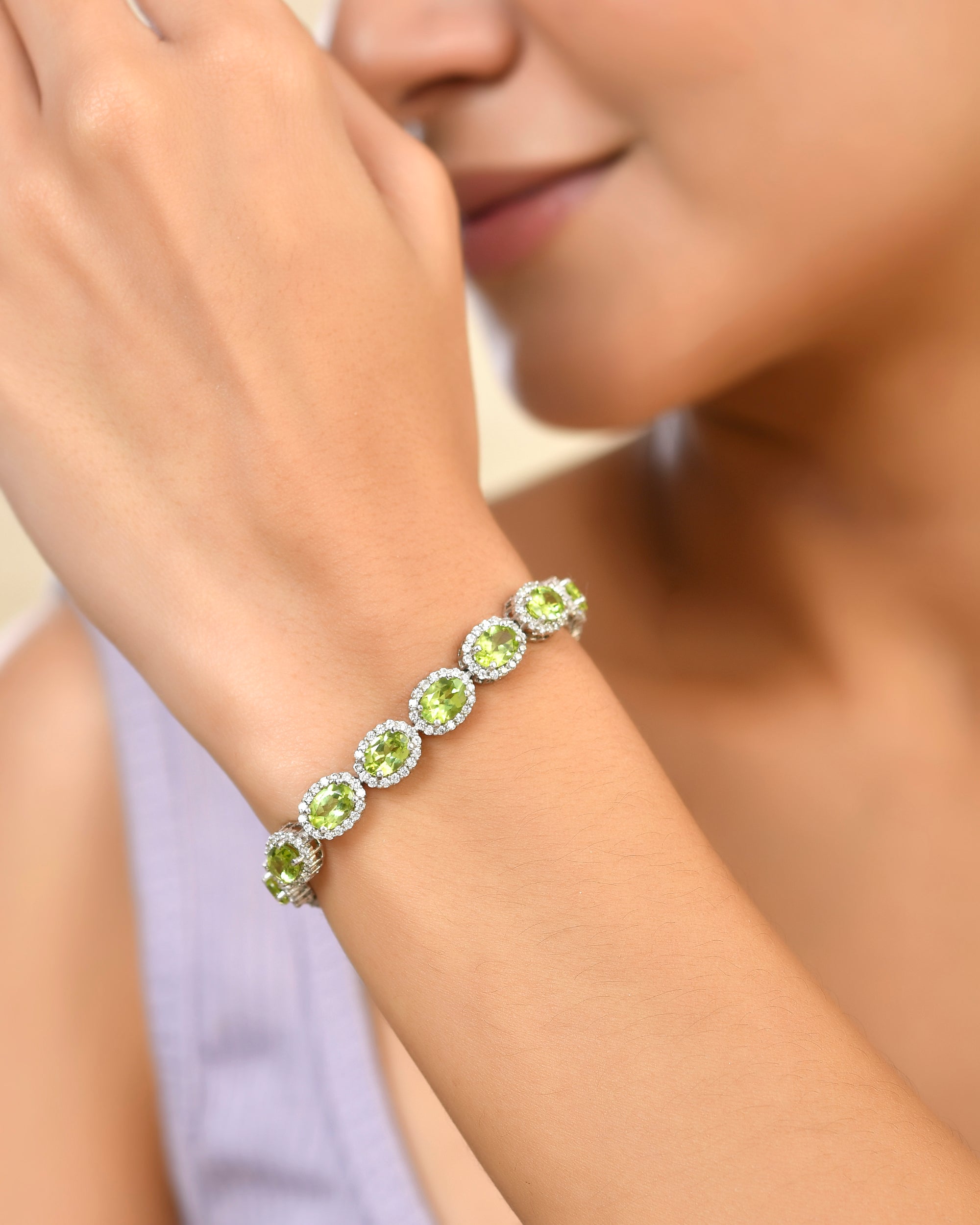 Luxury Oval Peridot and Moissanite Halo Link Bracelet