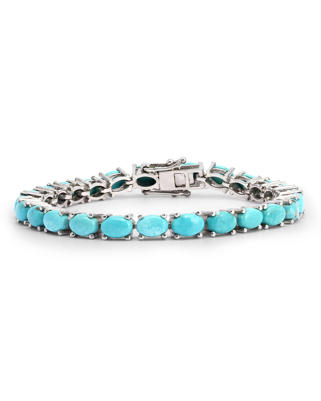Elegant tennis bracelet with oval-cut gemstones in fine metal.