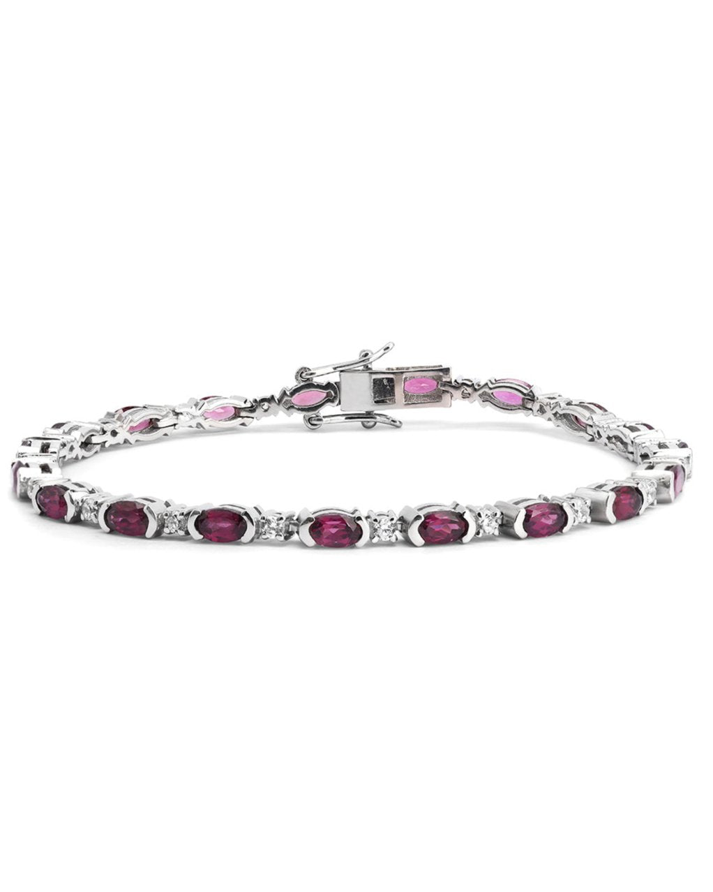 Classic Oval Rhodolite and Moissanite Tennis Bracelet in Sterling Silver