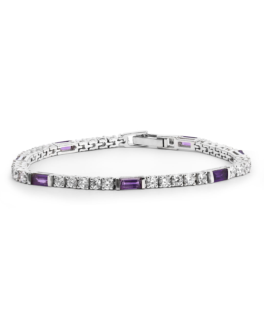 Elegant tennis bracelet with round-cut gemstones in fine metal.