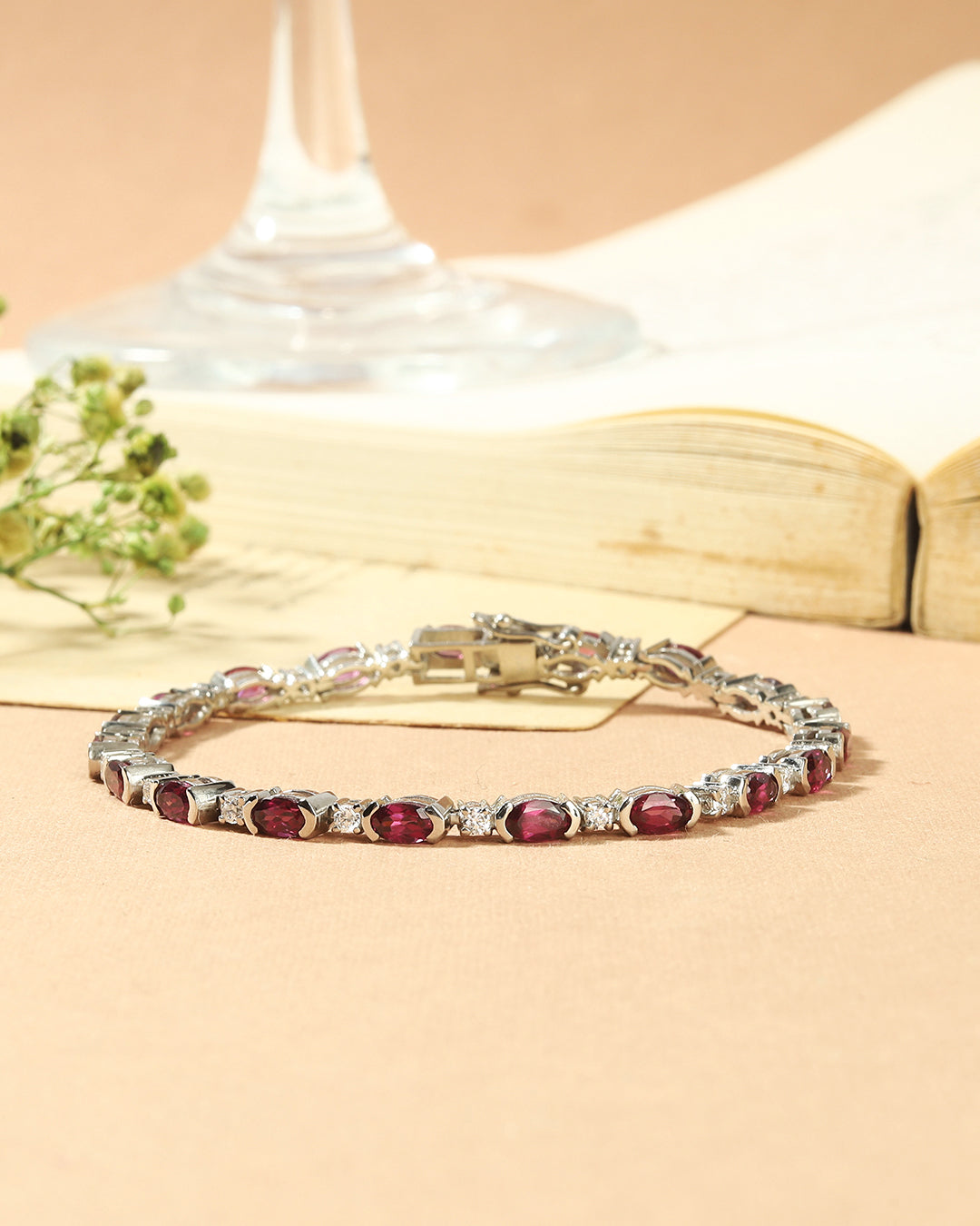 Luxury Classic Oval Rhodolite and Moissanite Tennis Bracelet with Sparkling Accents