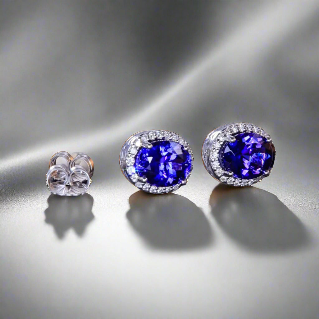 Oval Tanzanite Studs with Diamond Halo