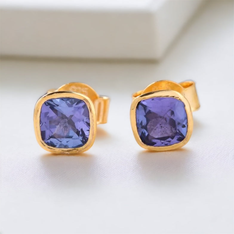 Bezel Set Cushion Tanzanite Solitaire Stud Earrings, A Timeless Jewelry Piece
