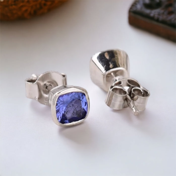 Elegant Bezel Set Cushion Tanzanite Solitaire Studs for Everyday Luxury