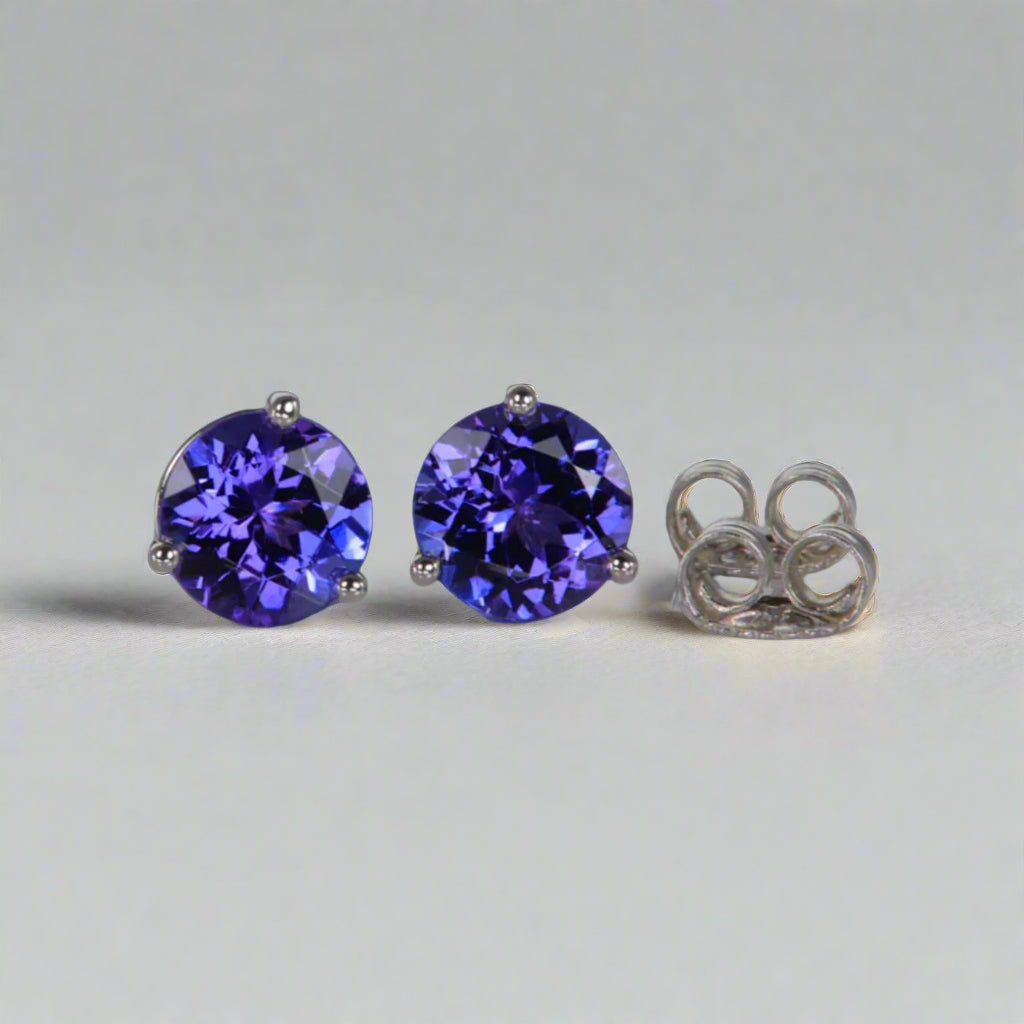 Minimal Three prong Round Tanzanite stud earrings