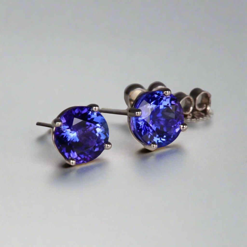 Elegant Basket-Set Round Tanzanite Studs for Timeless Sophistication