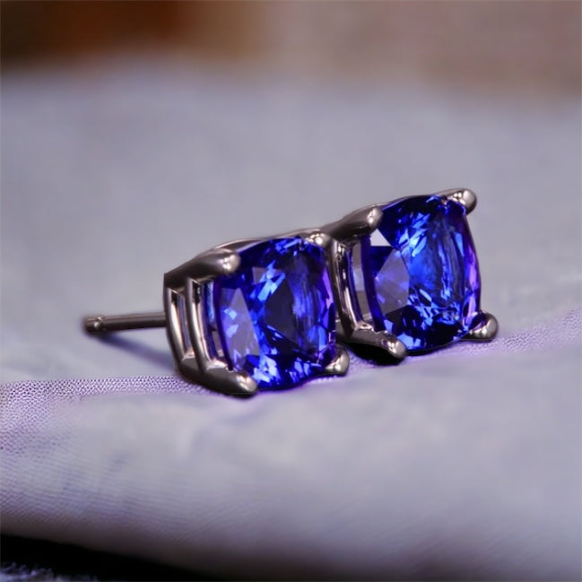 Exquisite Cushion Cut Tanzanite Solitaire Studs in AAAA Quality, Ideal for Elegant Occasions
