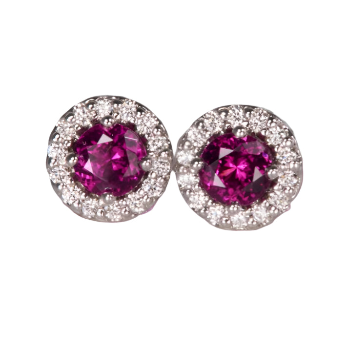 Classic Rhodolite and Moissanite Halo Stud Earring