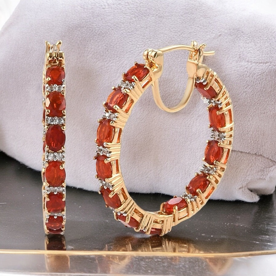 Prong-Set Fire Opal and Moissanite Inside Out Hoop Earrings