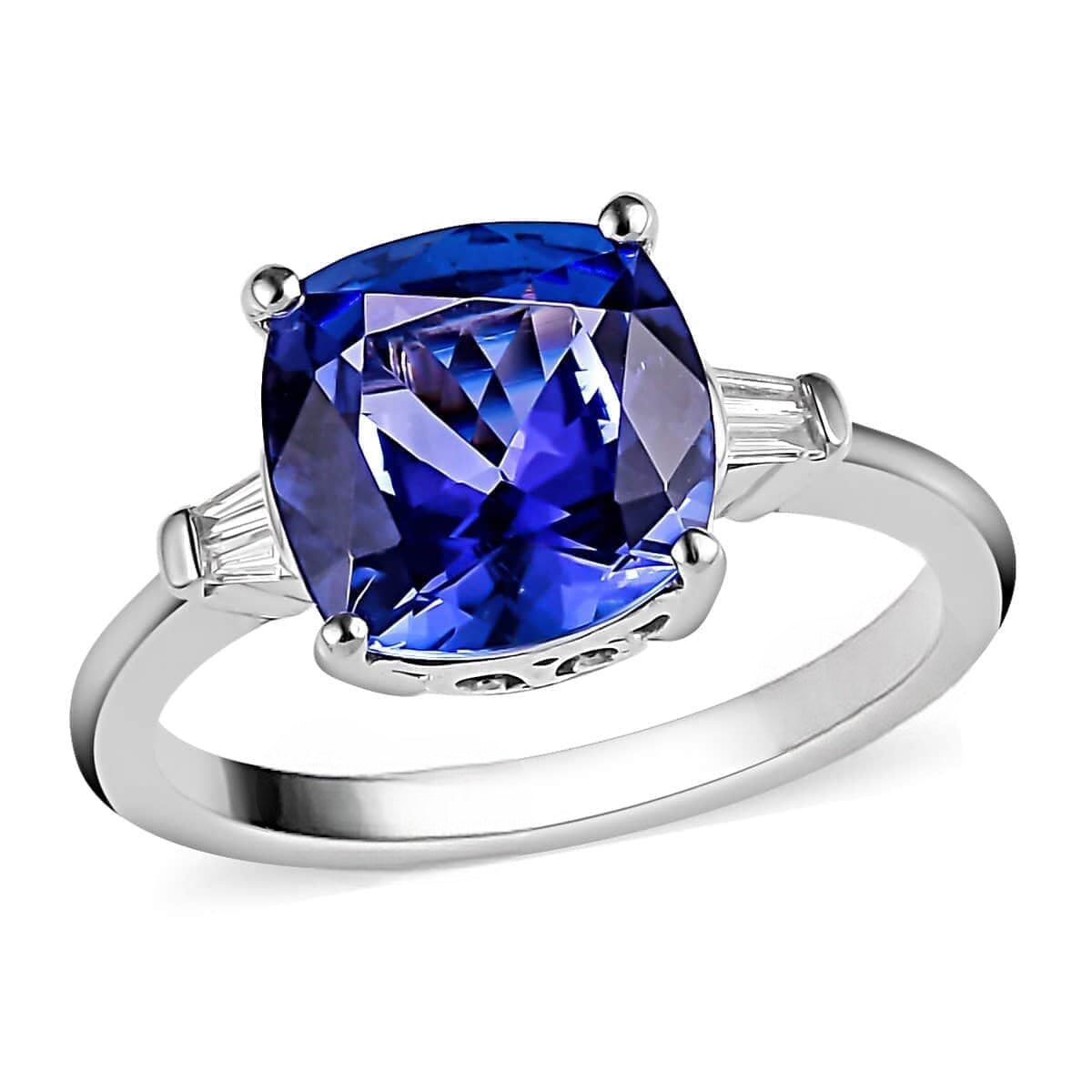 Classic Cushion Tanzanite and Moissanite Three-Stone Ring in Elegant Design
