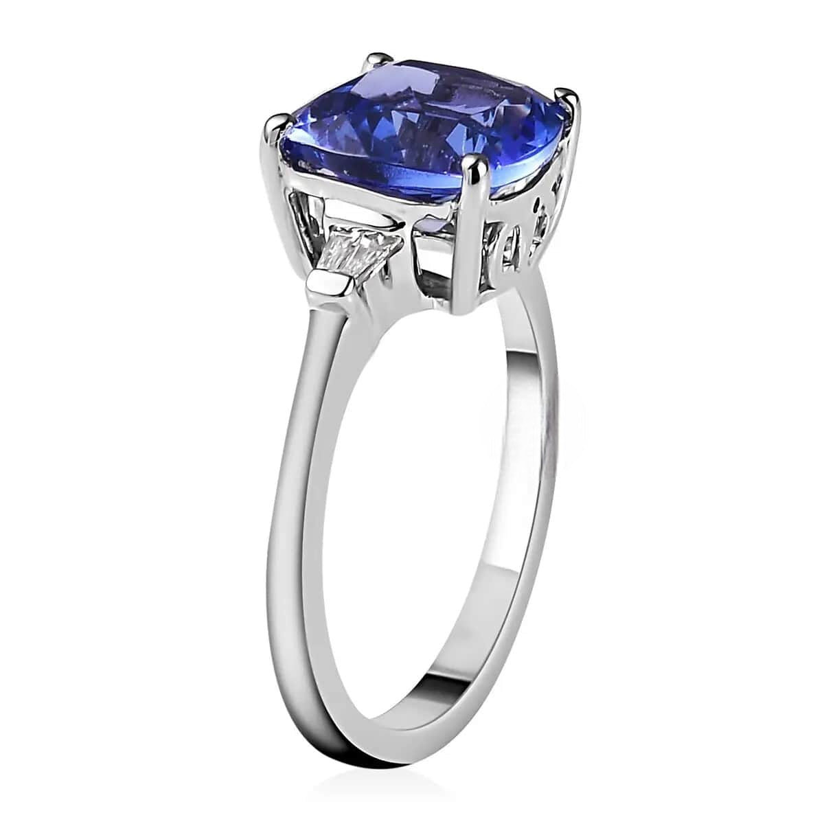 Three-Stone Tanzanite and Moissanite Ring with Cushion-Cut Center Gemstone in Sterling Silver