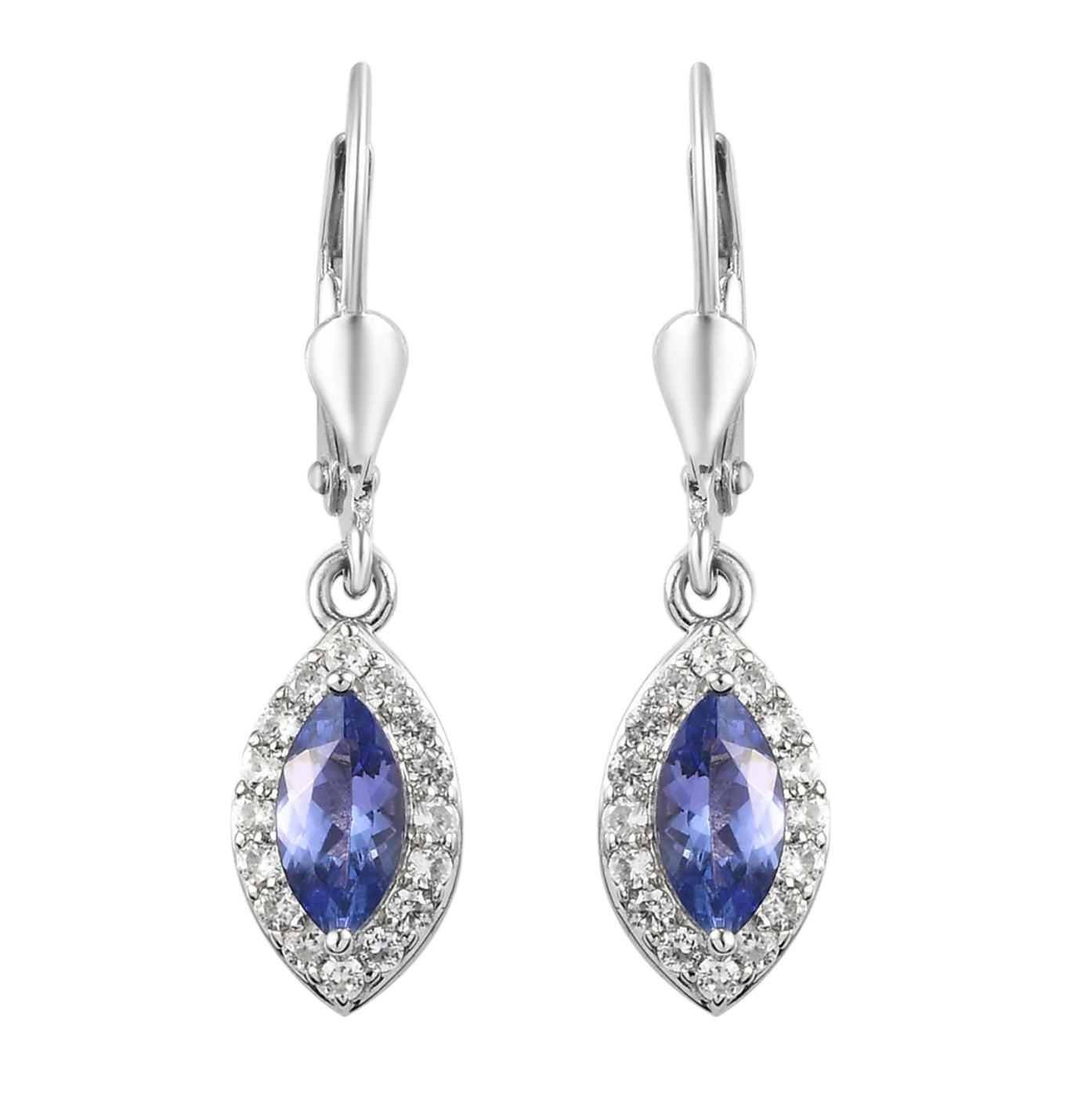 Marquise Tanzanite Lever Back Halo Dangle Earrings