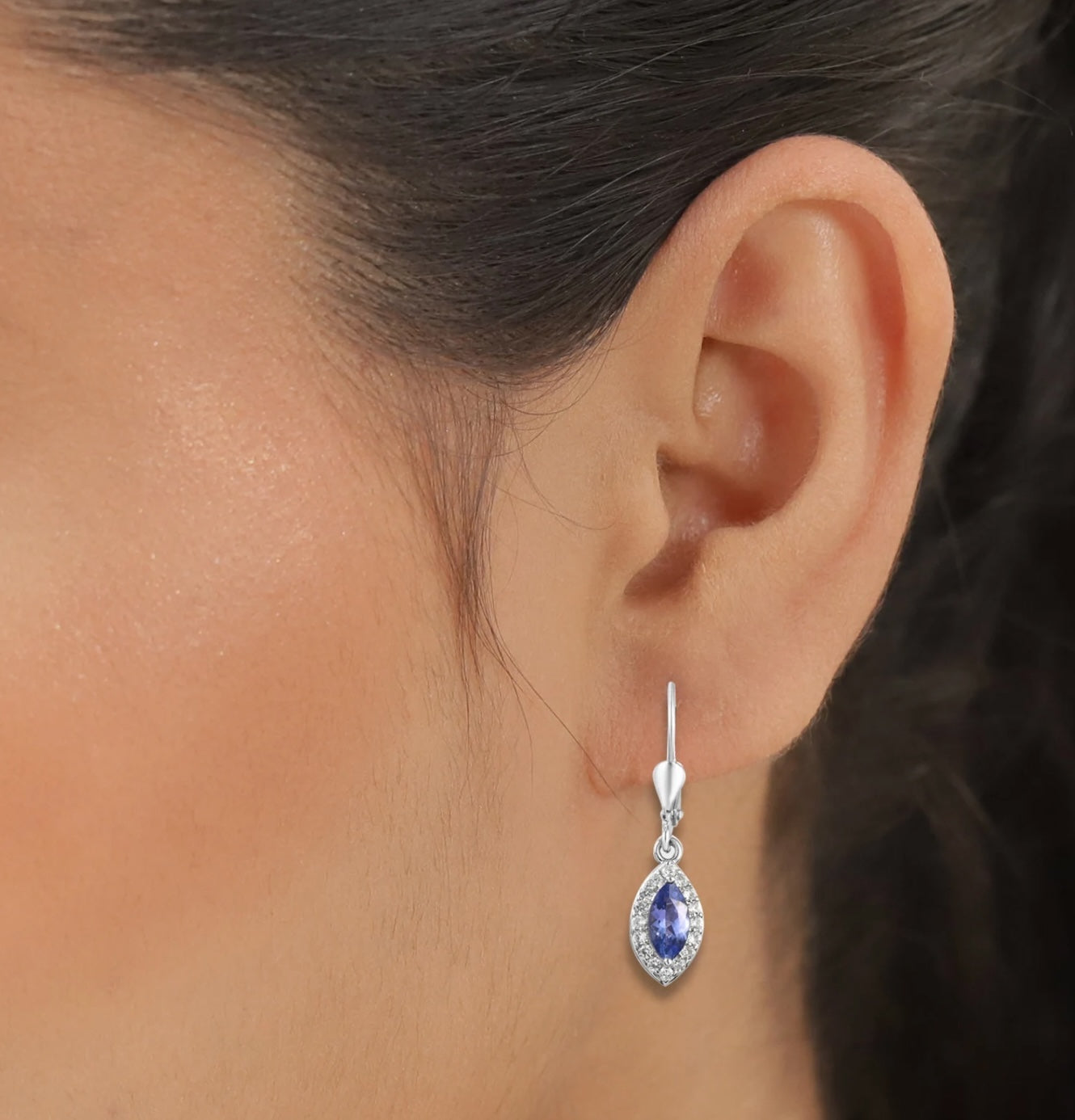 Marquise Tanzanite Lever Back Halo Dangle Earrings