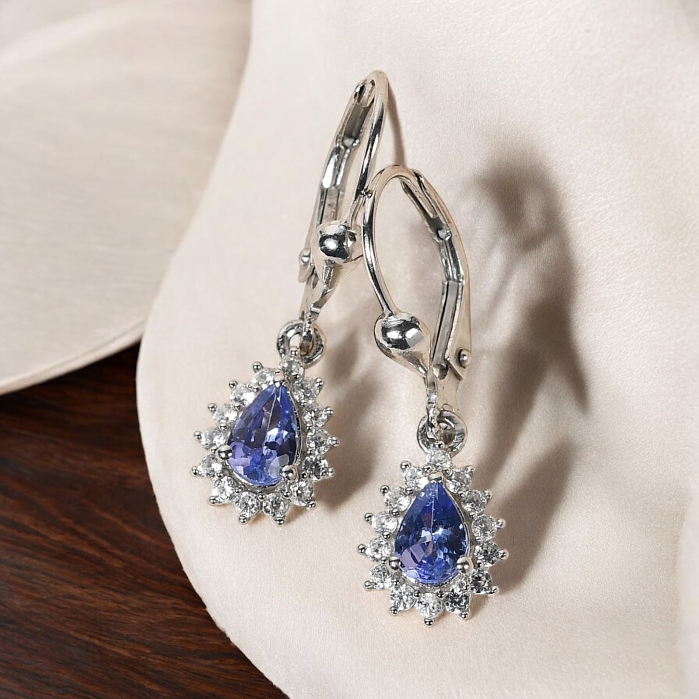 Pear Tanzanite Lever Back Halo Dangle Earrings
